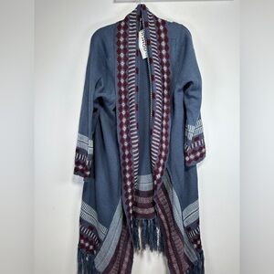 BloomChic Fringe Maxi Cardigan Geometric Knit Boho Kimono Duster Blue 2X